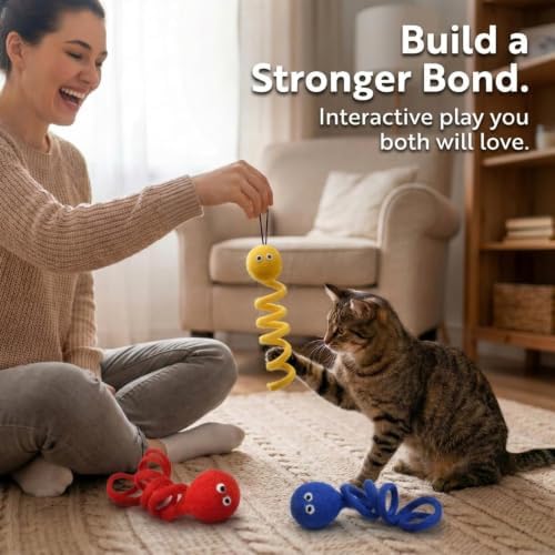 Glaciart One Felt Spring Cat Toy – 3 Pcs Soft Fuzzy Enrichment 100% Natural Wool - Interactive Stretchable Play Set - Safe for Pets, Non-AZO Colored Dyes - 4” Long