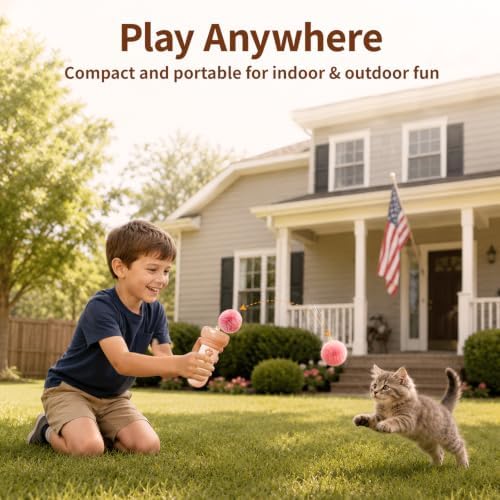 Kzoom Automatic Cat Teaser Launcher, Cat Balls Fetch Toy with Retractable Rope and Fuzzy Ball, Interactive Cat Toys for Indoor Cats, Enrichment Toy(Without Battery)