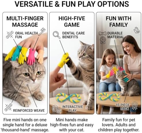 Finger Gloves Cat Teaser Toys, 10PCS Interactive Kitten Teething Mittens, Soft Silicone Pet Training Toys for Indoor Cats, Assorted Colors