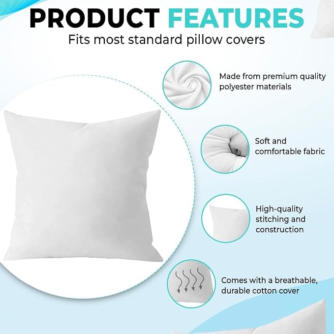 QUBA LINEN Throw Pillow Inserts (Set of 5, White), 18x18 Inches - Premium Cushion Fillers for Sofa, Bed, and Home Décor (18x18 Inch (Pack of 5))