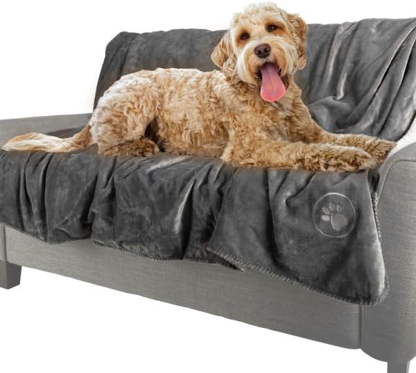 PETMAKER Waterproof Reversible Dog Blanket, Gray, 60” x 70” | Soft Sherpa Fleece Pet Throw Furniture Protector Cover for Couch Bed Car - Washable Pet Blanket for Dogs Cats Home Decor