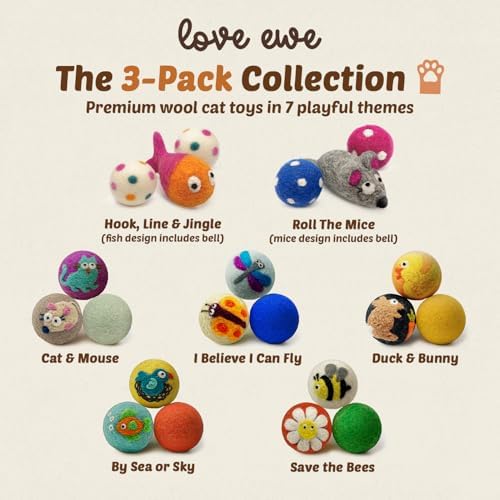 Love Ewe Wool Cat Toys Ball 3 Pack, 2-inch Flower and Bee