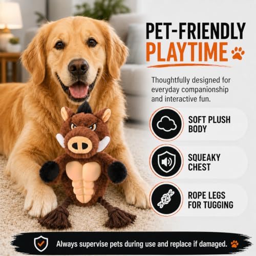 Boar Rope & Plush Dog Toy with Squeaker, Interactive Tug Toy for Medium to Large Dogs, Multi-Texture Toy for Tug, Toss & Supervised Play