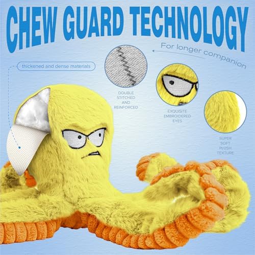 LEGEND SANDY Tough Dog Toys, Squeaky Large Dog Toy, Stuffed Puppy Chew Toys | Soft Fabric, Interactive Daily Companionship, Tug of War Doggie Toy, Training Reward, Crinkle Yellow Octopus