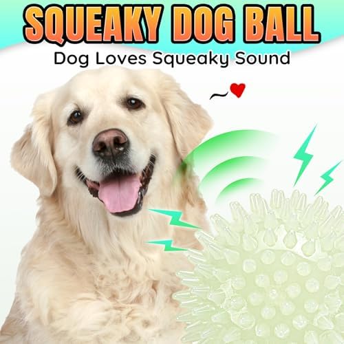 LECHONG 4-Pack Glow in The Dark Squeaky Dog Balls, 4.5” Large Spiky Dog Toy Balls, Durable Glowing Rubber Fetching Ball for Medium & Large Dogs Nighttime Playing Indoors & Outdoors