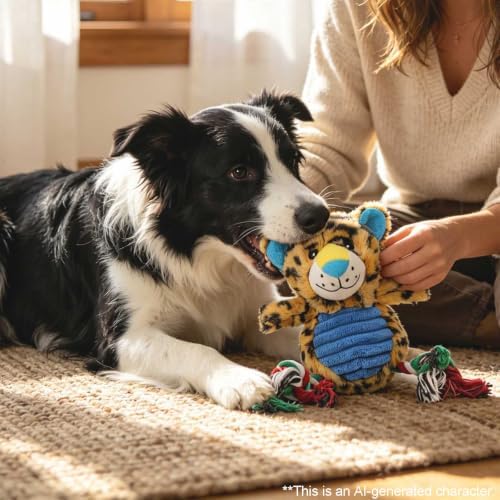 Leopard Plush Dog Toy with Rope and Squeaker for Small Medium Dogs