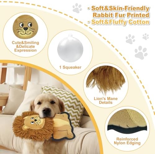 9.45 Inch Yellow Lion Squeaky Plush Dog Toy, Durable Chew Toy for Puppy Teething, Interactive Fetch Toy for Small Medium Large Dogs