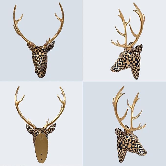 GIGICICI Mosaic Deer Head Wall Decor 15.7x8.7 Inch, Artistic Faux Resin Animal Head Wall Sculpture Hanging for Living Room Bedroom Kitchen Office, Black-Gold Gift
