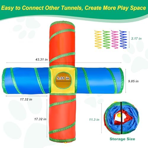 Cat Tunnel 4 Way Collapsible, Interactive Cat Toys for Indoor Cats, 12 PCS Cat Springs Toy Kitten Toys Pack, Large Rainbow Bunny Tunnel Tube with Peephole, Pet Tunnels for Cats Kitty Rabbits