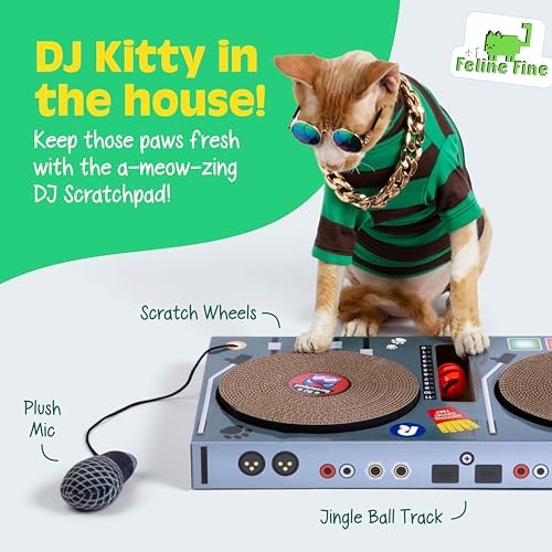 DJ Scratchpad by Relatable, Enrichment Cat Toys And Kitten Toys For Your Furry Friends, Cat Tree Essentials, Includes Box With 2 Scratch Wheels, 1 Plastic Ball With Bell, And Attached Microphone Plush