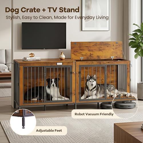 78" XXL Dog Crate Furniture for Medium and Large Dogs, Wooden Indoor Dog Kennel with Removable Divider, Flip-Top Opening, 3 Doors, Indoor Dog Crate Cage House for Home