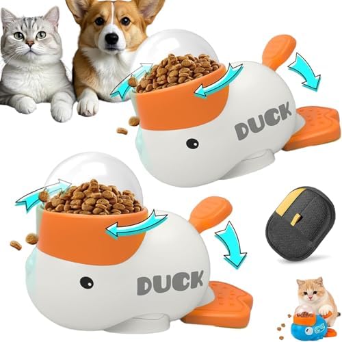 Duck Cat Treat Dispenser, 2026 New Duck Puzzle Feeder for Cats, Duckie Cat Feeder, Yellow Ducks Cat Feeder Toy, Food Dispenser Toy with Button, 2-in-1 Interactive Toy & Slow Feeder (2PC-White)
