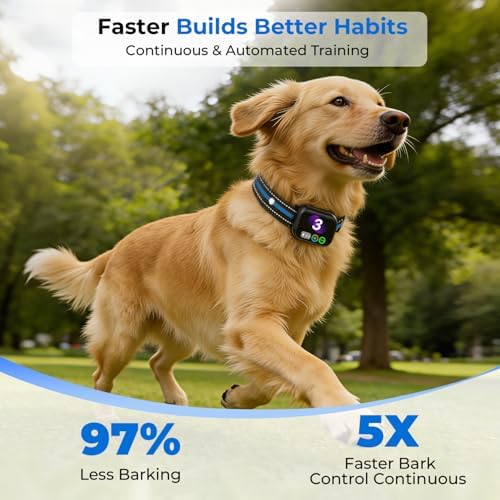 RPZ Automatic Dog Bark Collar for Small Medium Large Dogs 8-150 Lbs, Blue | Rechargeable, bark count tracking, 4 training modes, 3 sensitivity levels, IP67 waterproof, beep, vibration and shock