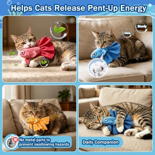 Catnip Cat Toys, 3-Pack Catnip Toys for Cats, Soft and Durable with Catnip, Interactive Kitten Toys for Indoor Cats, Fish Shape（ Blue & Yellow & Red）