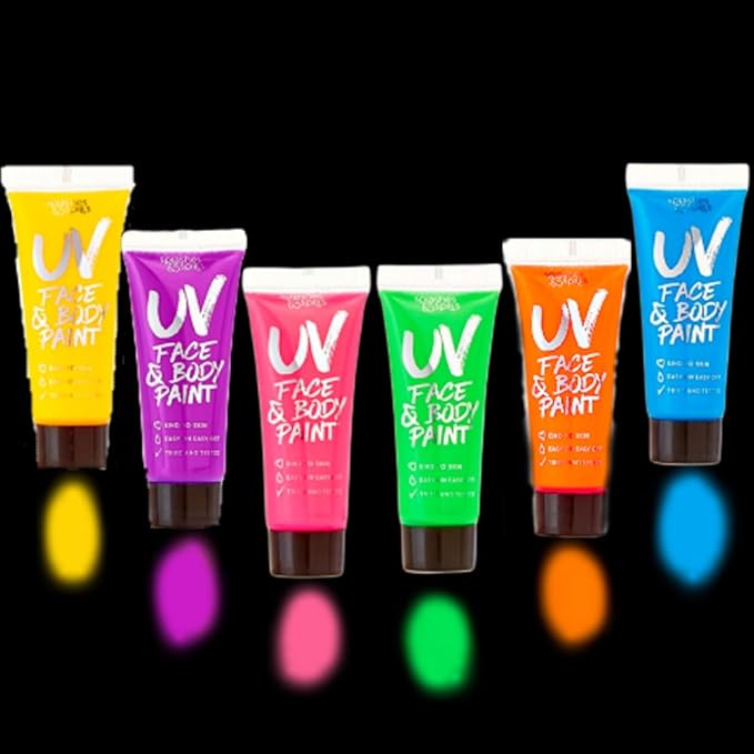 UV Face and Body Paint 10ml - 6 Pack - Neon Glow in the Dark Body Paint for Adults - Non Toxic, Vivid UV Reactive Makeup for Blacklight Parties & Events, Moisturizing Formula, by Splashes & Spills