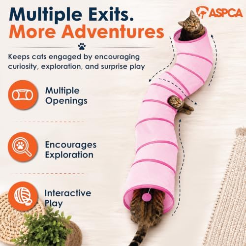 ASPCA Cat Tunnel with Rattle Toy – Interactive Collapsible Cat Tunnel for Indoor Cats, Crinkle Play Tunnel with Hanging Rattle Toy, Encourages Hiding, Chasing, Pouncing & Active Play, S-Shape, Pink