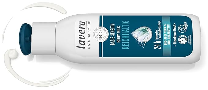 lavera basis sensitiv Body Milk Rich - aloe vera & shea butter - 24 h intensive moisturizing care - PETA certified - biodegradable - vegan - natural cosmetics - 8.45 fl.oz.