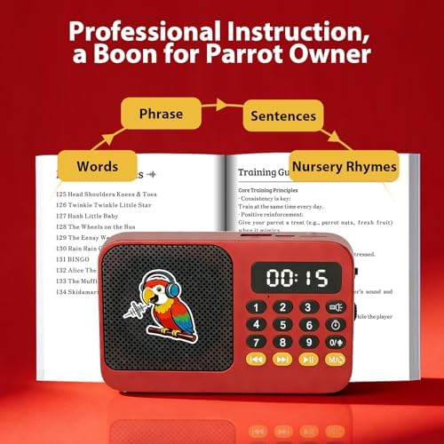 Parrot Talking, Whistling & Singing Training Player – 134 Professional Audio Tracks with Loop Playback &Self-Custom Audio, Includes Training Guide for Beginners & Busy Individuals (Red)