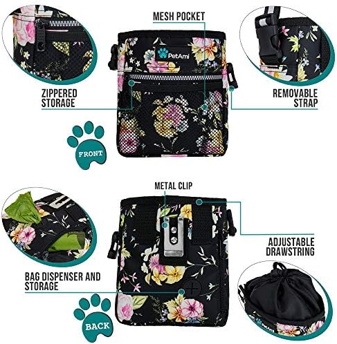 PetAmi Dog Treat Pouch, Pet Treat Pouch for Training, Dog Walking Bag Holder for Kibbles, Pet Food Toy, Dog Trainer Essentials Supplies, Poop Bag Dispenser, 3 Ways to Wear (Floral Black)