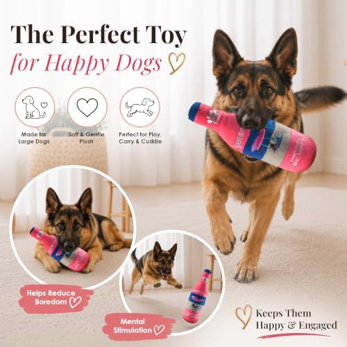 Dog Diggin Designs Seagrrrm’s “Be Yappy” Plush Dog Toy | Luxury-Inspired Parody Drink Bottle Dog Toy with Squeaker, Soft Plush Novelty Dog Toy – Shaken, Not Stirred!