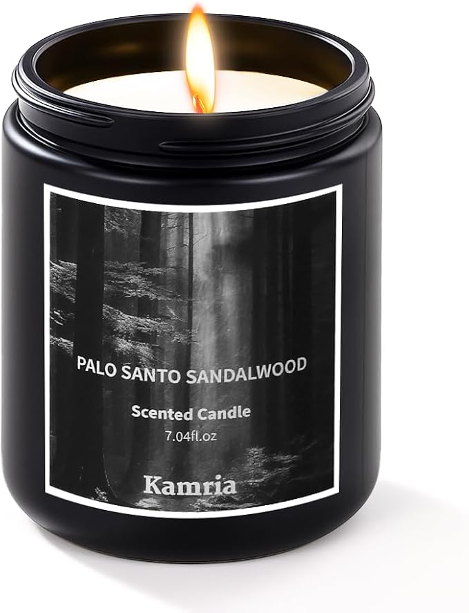 Palo Santo Sandalwood Scented Candle, Grounding Woody Aromatherapy for Meditation & Cleansing, Premium Matte Black Soy Wax Jar, Earthy Decor Gift for Men and Women, 7oz