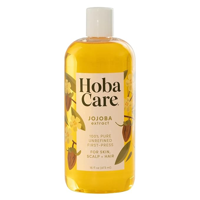 HobaCare Pure Jojoba Oil for Skin Care, Hair, Beard, Scalp Massage - 100% Unrefined Carrier Oil for Diluting Essential Oils - Natural, Hexane Free, Cruelty-Free, Long Shelf Life (16 oz)
