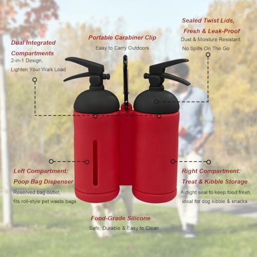 Dog Poop Bag Holder for Leashes, Red Doggie Waste Bag Dispenser and Treat