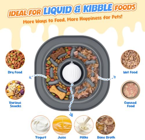 2-in-1 Slow Feeder Dog Bowl with Rolling Ball, Interactive Lick Bowl Toy for Dogs & Cats, Anti-Gulp Maze Feeder with Suction Base for Wet Food, Bone Broth & Treats, Anxiety Relief Enrichment Toy-Grey