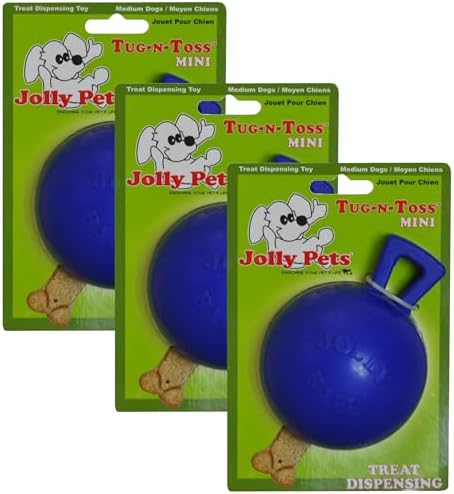 Jolly Pets Tug-n-Toss Heavy Duty Dog Toy Ball with Handle, 3 Inches/Mini, Blue, Model:403 BL (Pack of 3)