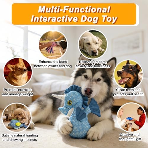 11.42" Recycled Canvas Seahorse Squeaky Dog Toy, Durable Stuffed Chew Toy for Puppy Teething, Interactive Play for Small Medium Large Dogs
