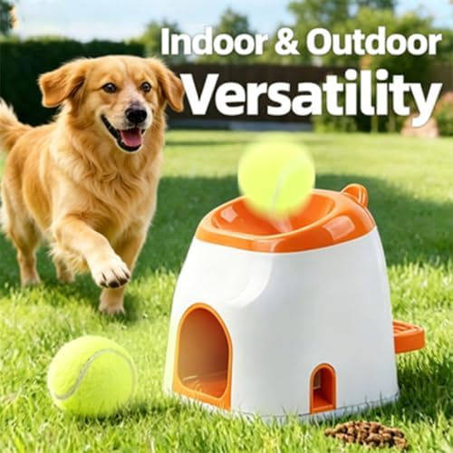 Dog Ball Launcher & Automatic Treat Dispenser, 2-in-1 Dog Tennis Ball Launcher & Treat Dispenser, ﻿Self-Play for Mental Stimulation, Indoor Outdoor Small to Medium Dogs