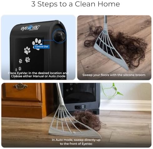 EyeVac Pet & Squeegee Broom Bundle - Touchless Vacuum Automatic Dustpan with Multisurface Sweeping Broom, Corded Bagless Vacuum, 1400 Watt for Cat Dog Pet Hair, Dirt, Food Debris, Kitchen (Black)