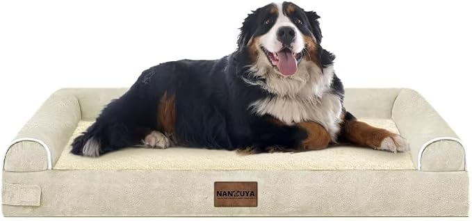 Orthopedic Dog Bed for Jumbo Dogs, 53 x 42 Inch, Beige | Egg crate foam for joint support, 3-sided bolster pet sofa, waterproof lining, washable cover, and non-skid base