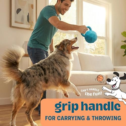 Flex-Force Herding Ball Dog Toy, Tug Handle & Unpredictable Bounce, Floats in Water, Blueberry-Apple Scent for Sensory Play, Tough Chewers, Large Breeds (60-100+ lbs), 6.6"