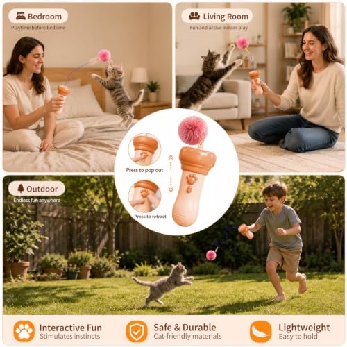 Kzoom Automatic Cat Teaser Launcher, Cat Balls Fetch Toy with Retractable Rope and Fuzzy Ball, Interactive Cat Toys for Indoor Cats, Enrichment Toy(Without Battery)