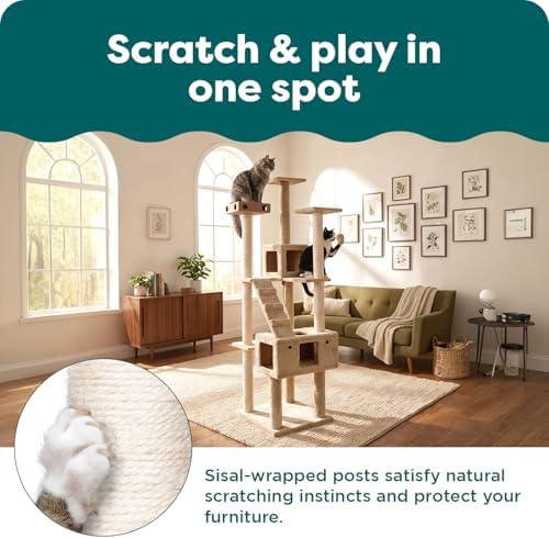 FurHaven 69.3" Tall Cat Scratching Post Tower for Indoor Cats, Sisal Cat Tree with 2 Condos, Tiger Tough Double Decker Playground, Toys & Perches for Cats, Sisal, Cream