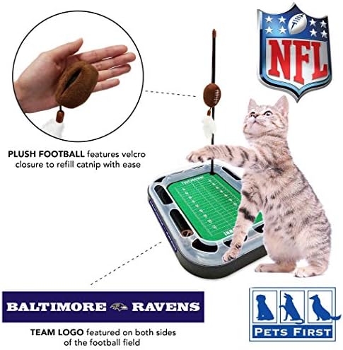 Pets First NFL BALTIMORE RAVENS FOOTBALL FIELD CAT SCRATCHER TOY with CATNIP Filled Plush FOOTBALL Toy & Feather Cat Toy hanging, with Jingle Bell INTERACTIVE BALL Cat Chasing 5-in-1 KITTY Toy