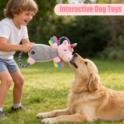 Interactive Squeaky Dog Chew Toy, Tough Plush Dog Toys for Chewers, Small, Medium & Large Dogs, Plush with Double Rope Handles for Tug of War, Mess-Free, Pink