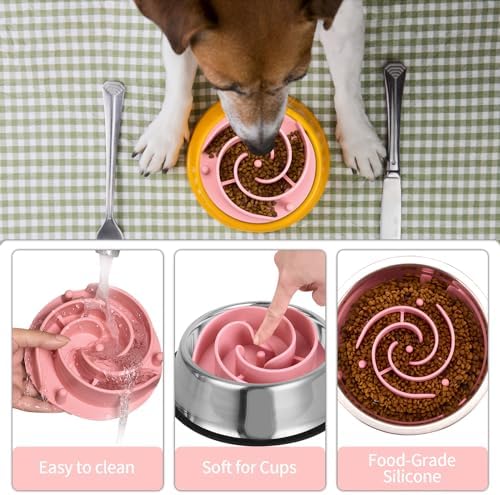 Slow Feeder Dog Bowls Insert, Bestalk Soft Silicone Slow Eating Feeder Insert with Suction Cups for Small, Medium and Large Dogs, Fit into Basic and Elevated Dog Bowls, Pink