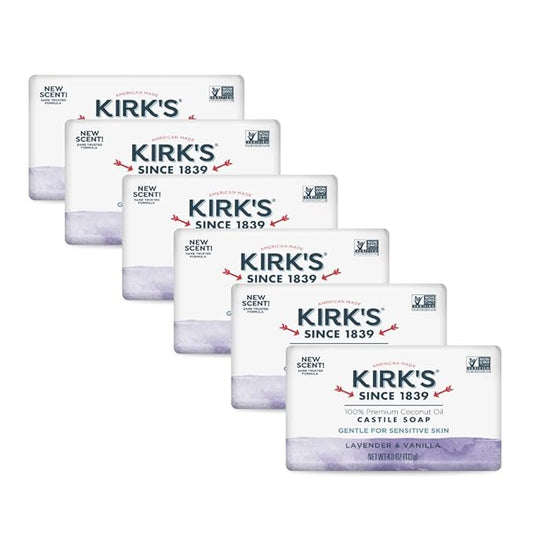 Kirk's Castile Bar Soap for Men, Women & Children - Made with Premium Coconut Oil, Sensitive Skin Formula, Vegan, Non GMO, Lavender & Vanilla, 4 oz. Bars 6 Pack