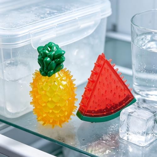 HERCHR Freezable Dog Chew Toy, Fruit Shapes Squeaky hot Weather Cooling Pet Teething Toy Soft Interactive Puppies Chewing Training Tool for Small Medium Dogs (Lemon)