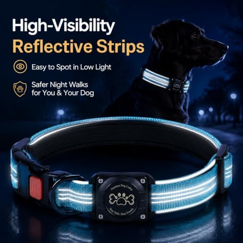Dog Collar with AirTag Holder Waterproof QR Code Reflective Collar(Blue,XL) | Built-in Waterproof Holder, QR Code Tag, Reflective,Secure Buckle