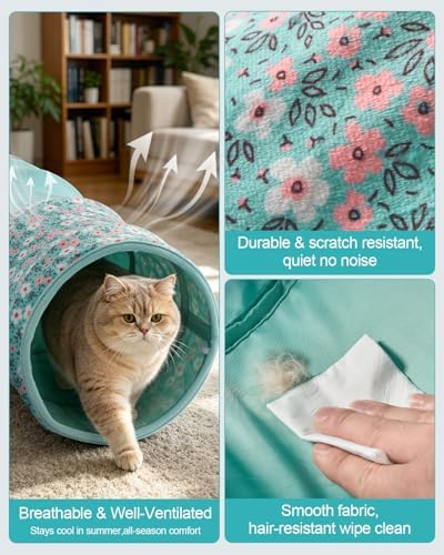 Cat Tunnel, 3 Straight Shaped Tunnels 6 DIY Shapes with Wand Toys, No Noise Scratch Resistant Cool Linen Fabric, Interactive Pet Tunnel Tube for Indoor Cats, Puppy and Rabbits