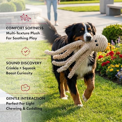 petlou Durable Natural Nubby Plush Dog Toys with Squeaker and Crinkle Paper in Multi-Size (Natural Octopus - L, 18 Inch)