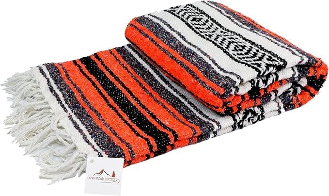 Open Road Goods Bulk Falsa Blankets - Handwoven Authentic Mexican Falsa - Great for Weddings, Yoga, Beach, Picnics, or Mexican Throw! (Orange/Black, 15 Pack)
