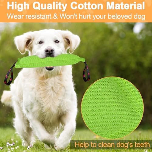 ToLanbbt Dog Tug Toy Bite Jute Pillow Pull Toy with 2 Strong Handles Perfect for Tug of War, Puppy Interactive Play, Tear Resistant Bite Training for Small Medium Large Dogs (Bright Green-Footprint)