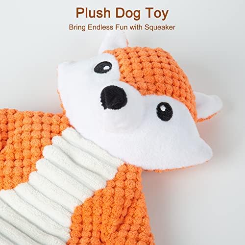 No Stuffing Squeaky Dog Toys Plush Chew Toy for Small Medium Puppy Large Breed, Stuffless Cute Animal Plush Toy for Indoor Play, Tough Durable Teething Interactive Gift, Fox,Red