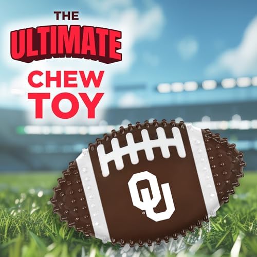 Pets First NCAA Oklahoma Sooners Mega-Chew Hard Nylon Bacon-Flavored Bone Football Chew Toy. Interactive Tasty & Fun Chew Toy. Indestructible Strong Durable Tough Dog Toys for Aggressive Chewers