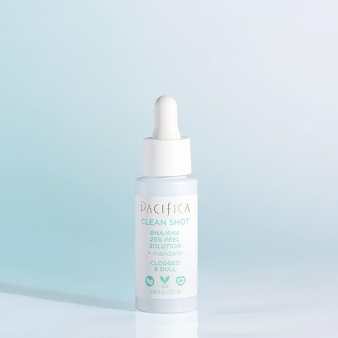 Face Serum by Pacifica - Clean Shot AHA-BHA 25% Peel Solution with Glycolic & Salicylic Acid – Exfoliating Facial Peel with Willow Bark, Turmeric & Vegan Lactic Acid, Vegan & Cruelty-Free, 0.8 oz