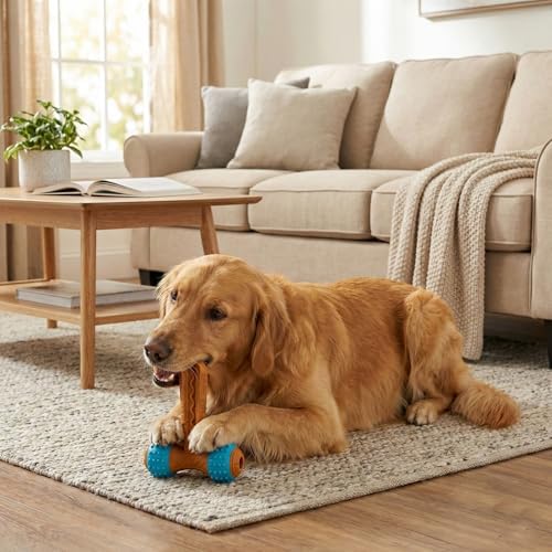 SPOT Bam-Bones Plus Gigglers T-Barbell Durable Dog Chew Toy with Sounds, Bamboo Fiber & Nylon with Rubber Ends, Peanut Butter Flavor, Non-Splintering, for Heavy Chewers & Dogs Under 60 Lbs, 6 Inch